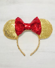 Load image into Gallery viewer, Gold sequin with red bow
